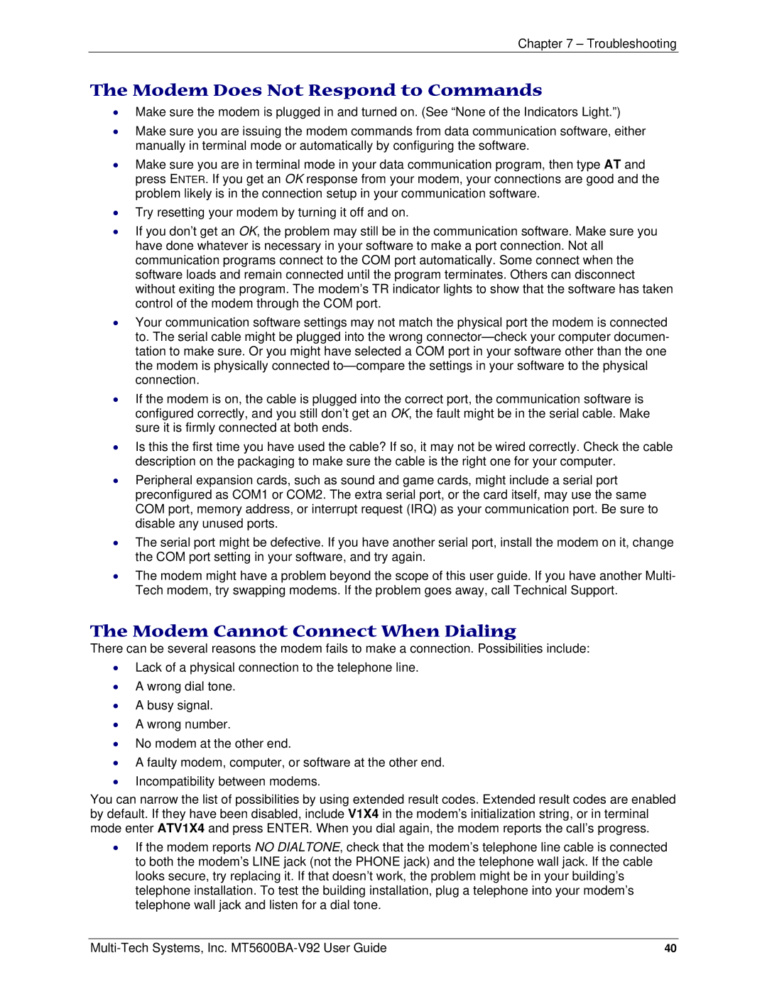 Multi-Tech Systems PN S000408C manual Modem Does Not Respond to Commands, Modem Cannot Connect When Dialing 