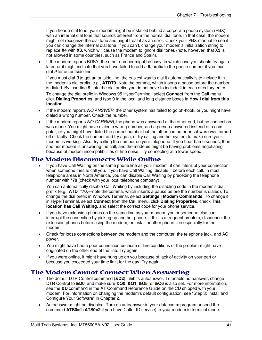 Multi-Tech Systems PN S000408C manual Modem Disconnects While Online, Modem Cannot Connect When Answering 