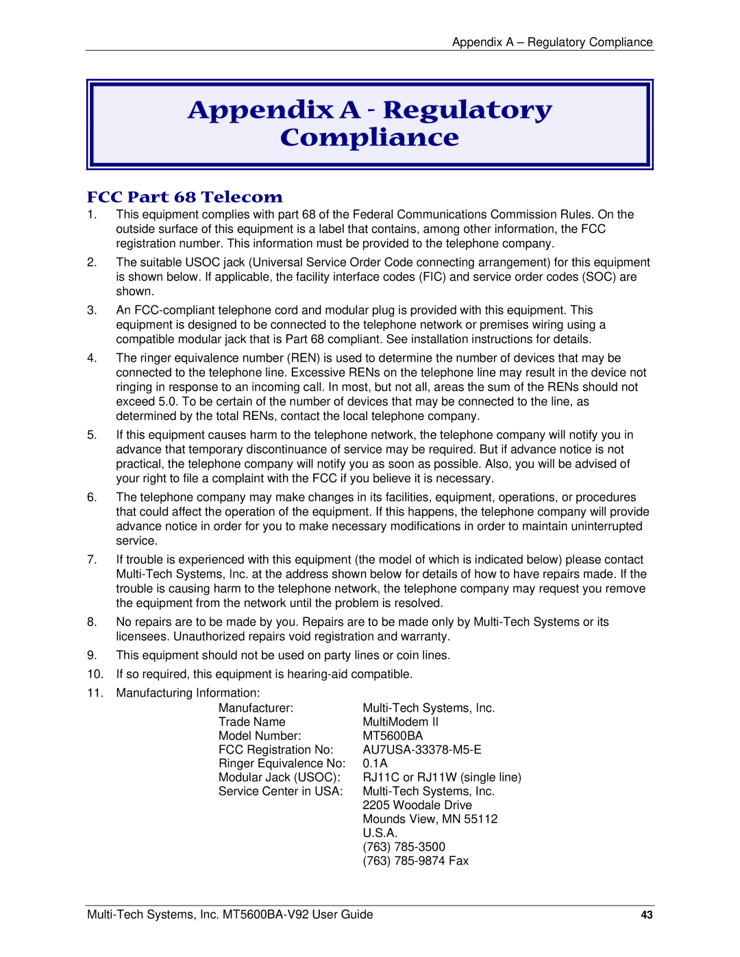 Multi-Tech Systems PN S000408C manual Appendix a Regulatory Compliance, FCC Part 68 Telecom 