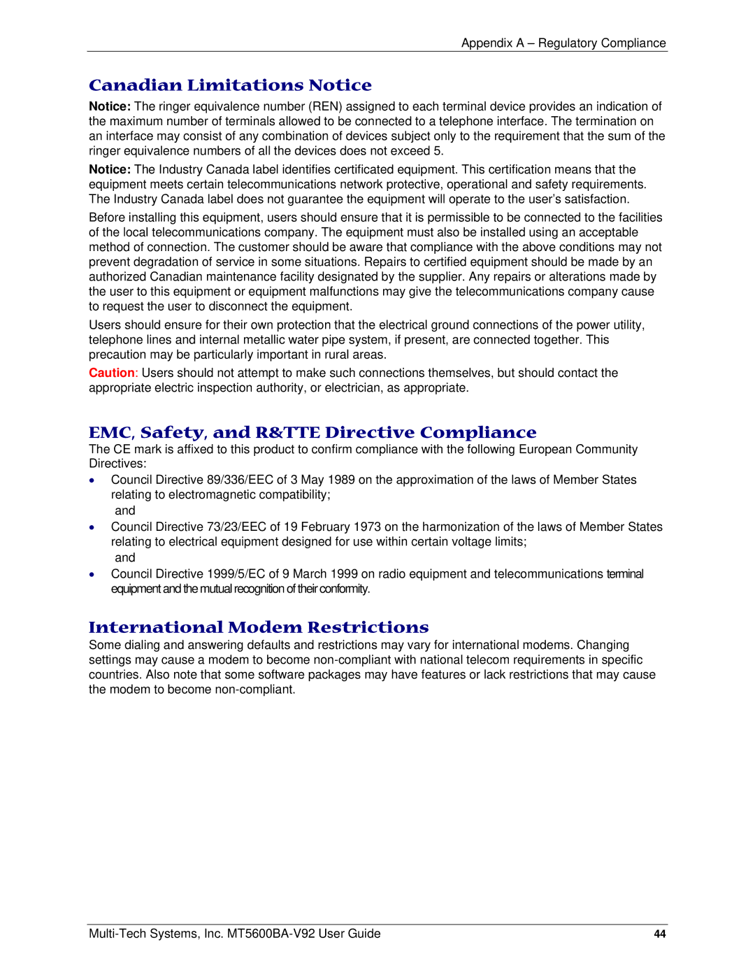 Multi-Tech Systems PN S000408C manual Canadian Limitations Notice, EMC, Safety, and R&TTE Directive Compliance 