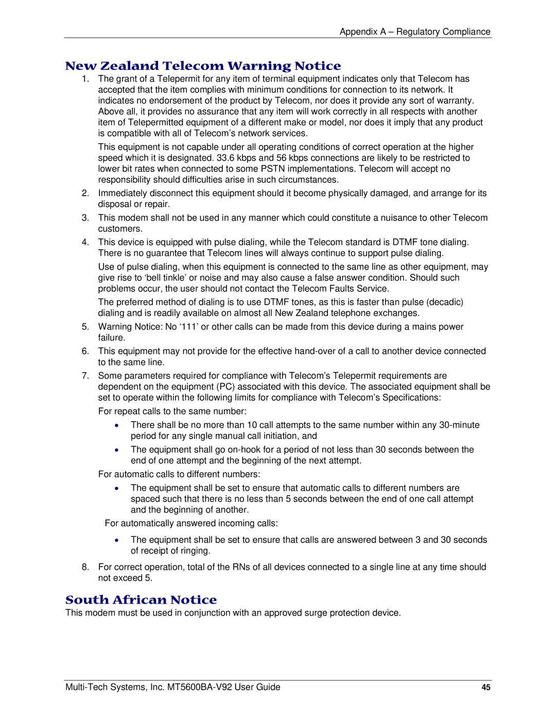 Multi-Tech Systems PN S000408C manual New Zealand Telecom Warning Notice, South African Notice 