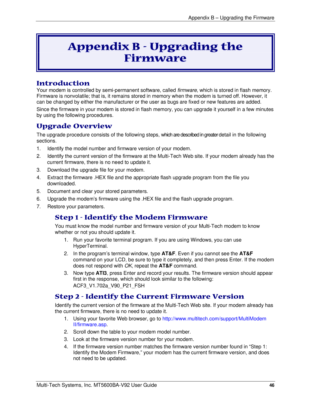 Multi-Tech Systems PN S000408C Appendix B Upgrading Firmware, Introduction, Upgrade Overview, Identify the Modem Firmware 