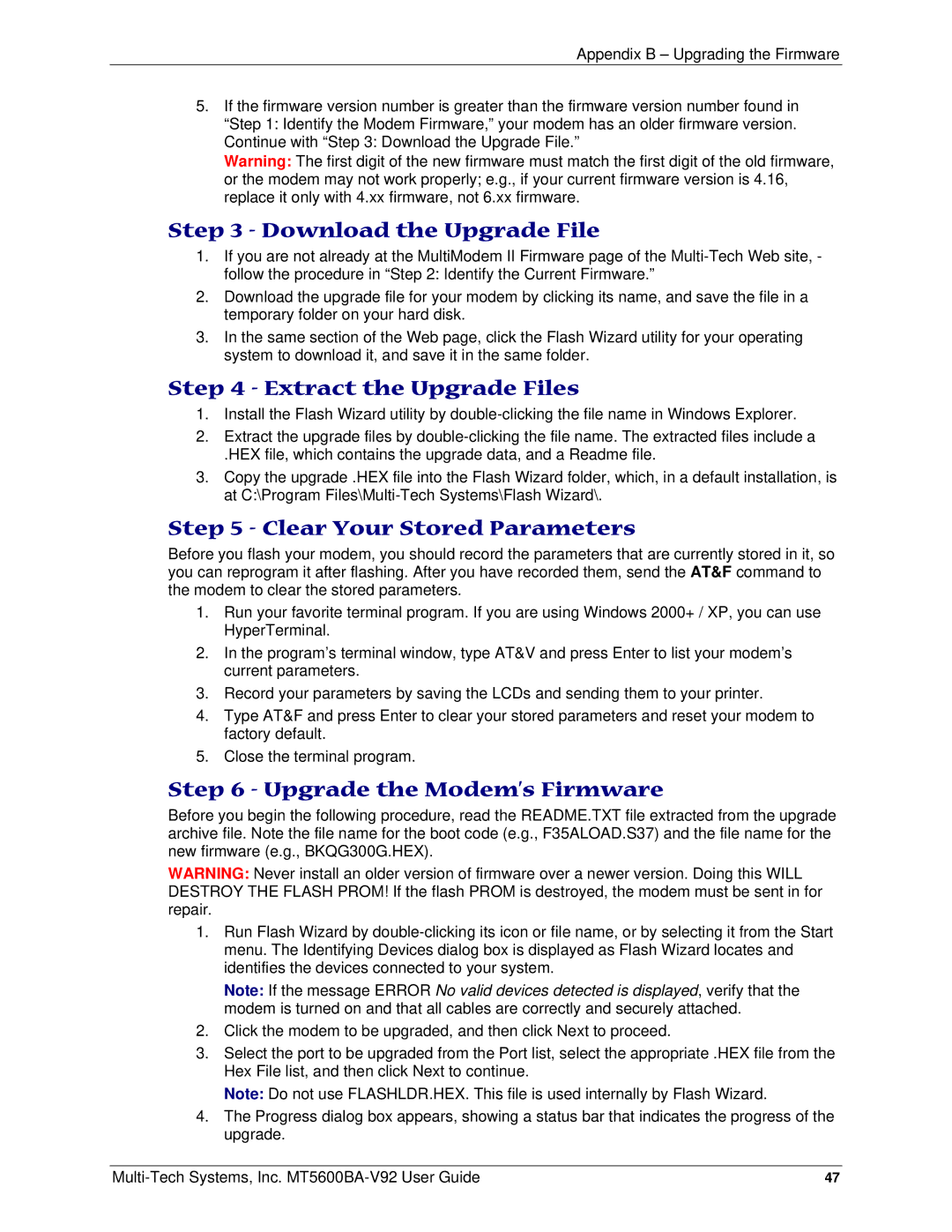 Multi-Tech Systems PN S000408C manual Download the Upgrade File, Extract the Upgrade Files, Clear Your Stored Parameters 