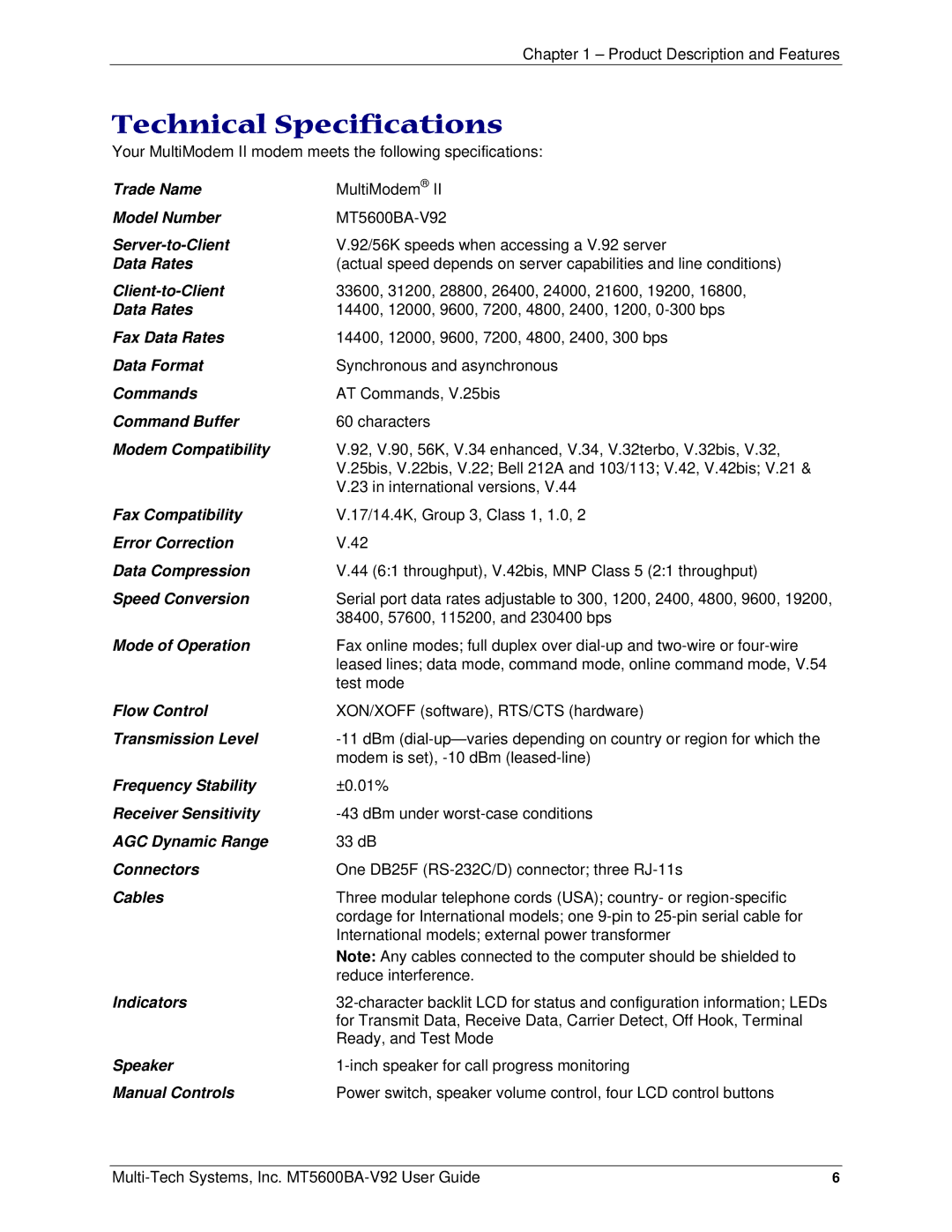 Multi-Tech Systems PN S000408C manual Technical Specifications, Modem Compatibility 