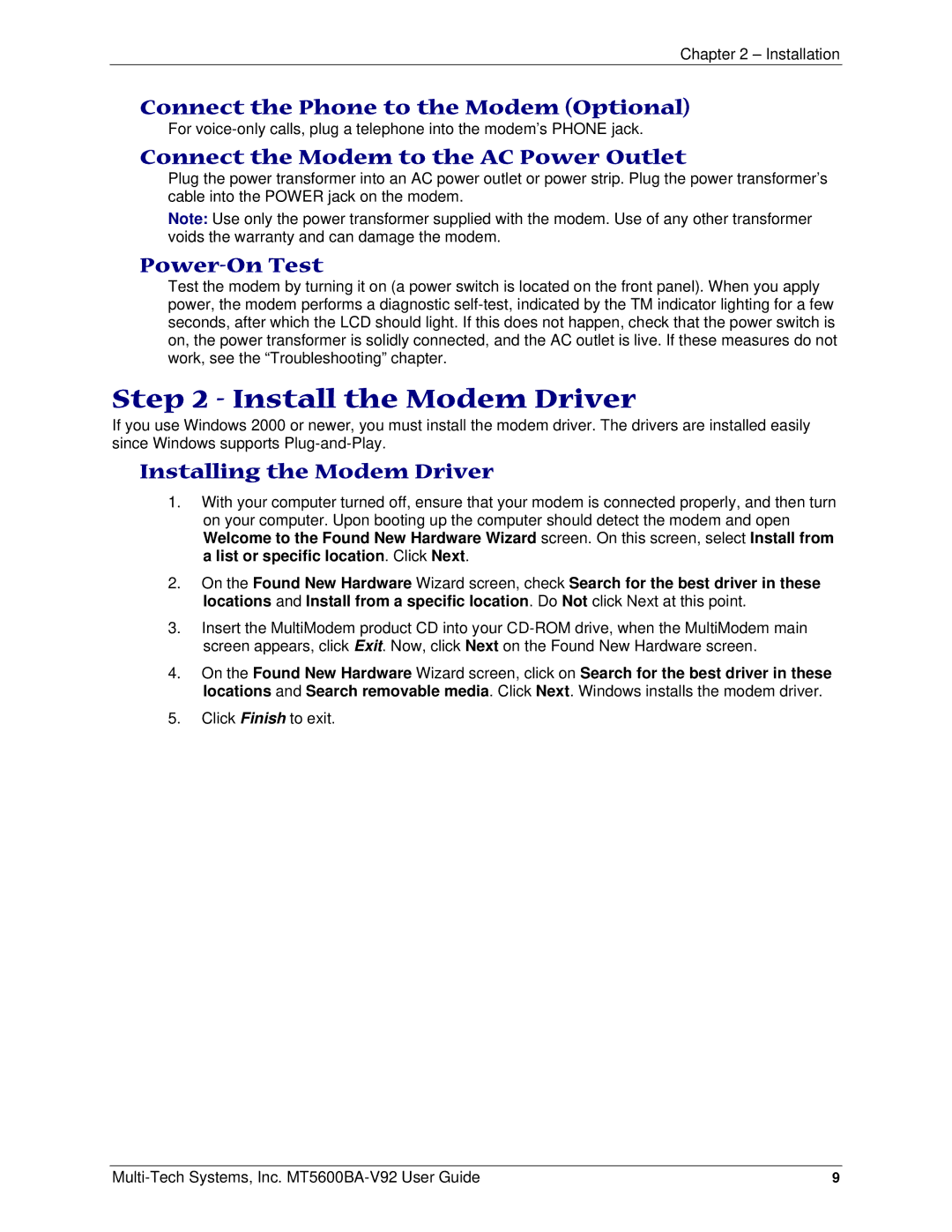 Multi-Tech Systems PN S000408C manual Install the Modem Driver, Connect the Phone to the Modem Optional, Power-On Test 