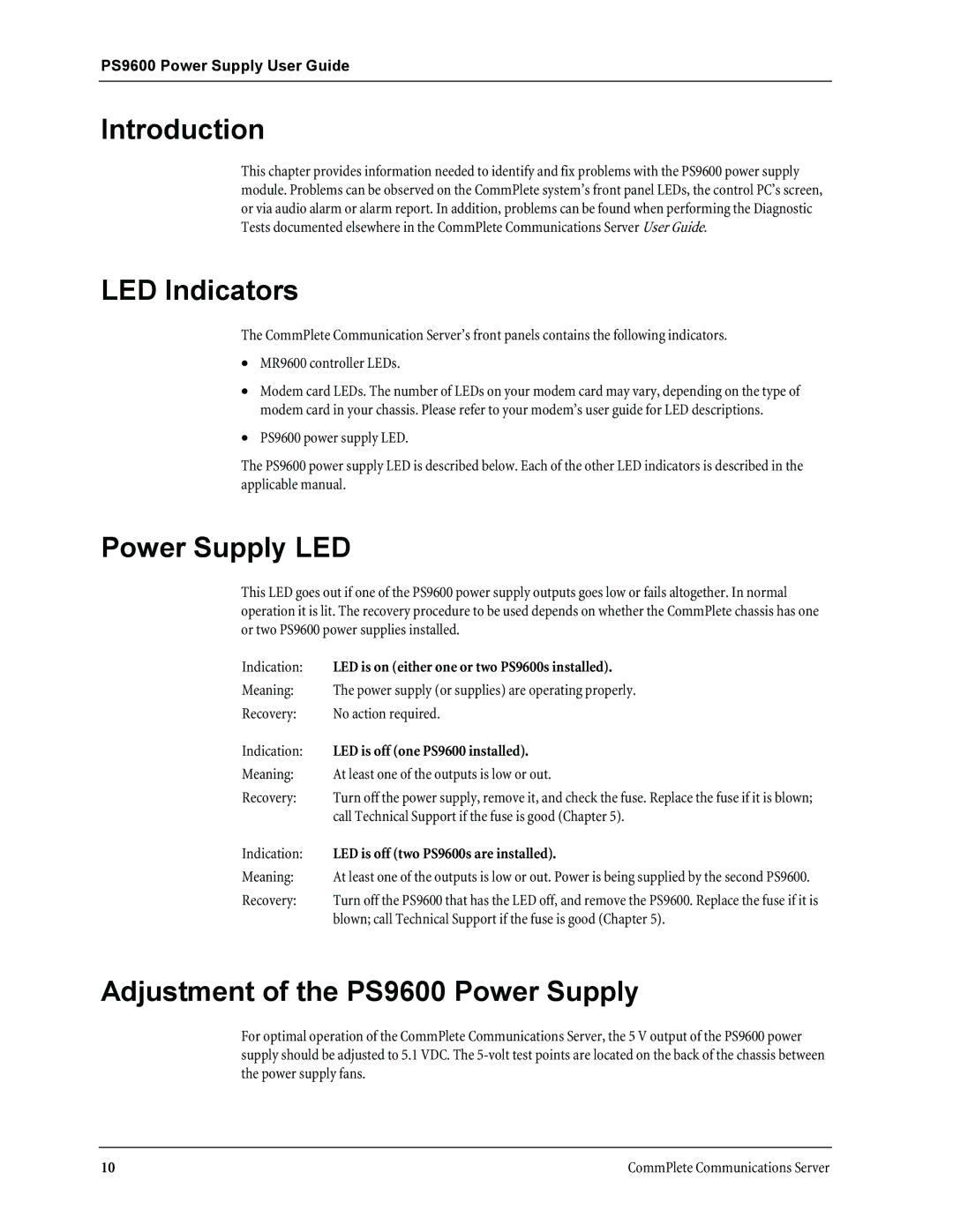 Multi-Tech Systems manual LED Indicators, Power Supply LED, Adjustment of the PS9600 Power Supply 