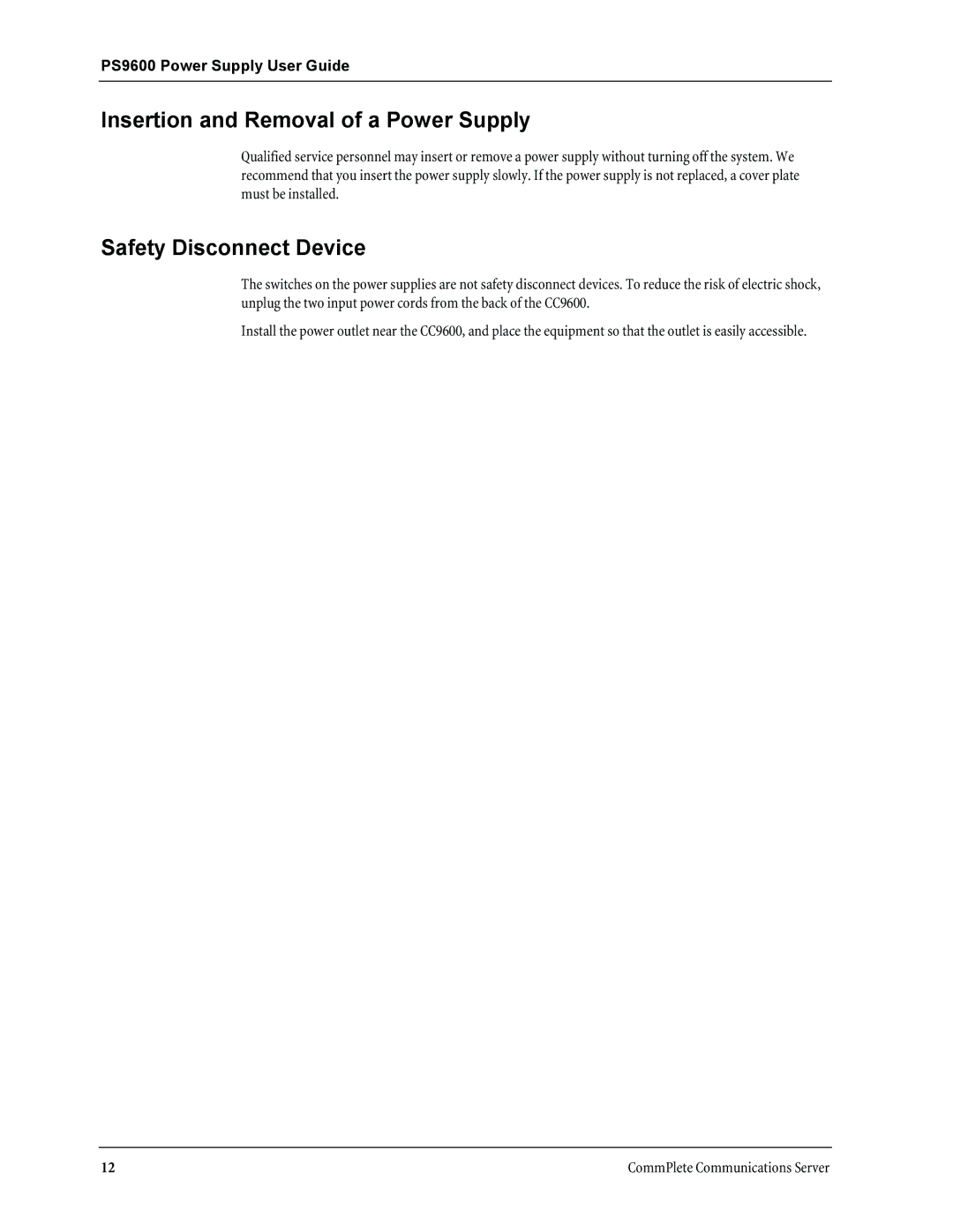 Multi-Tech Systems PS9600 manual Insertion and Removal of a Power Supply, Safety Disconnect Device 