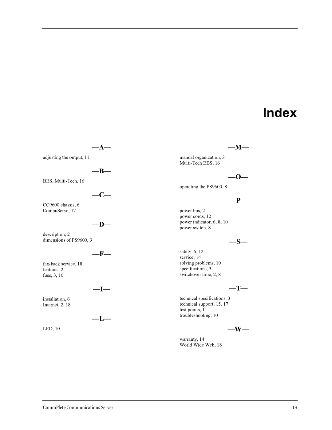 Multi-Tech Systems PS9600 manual Index 