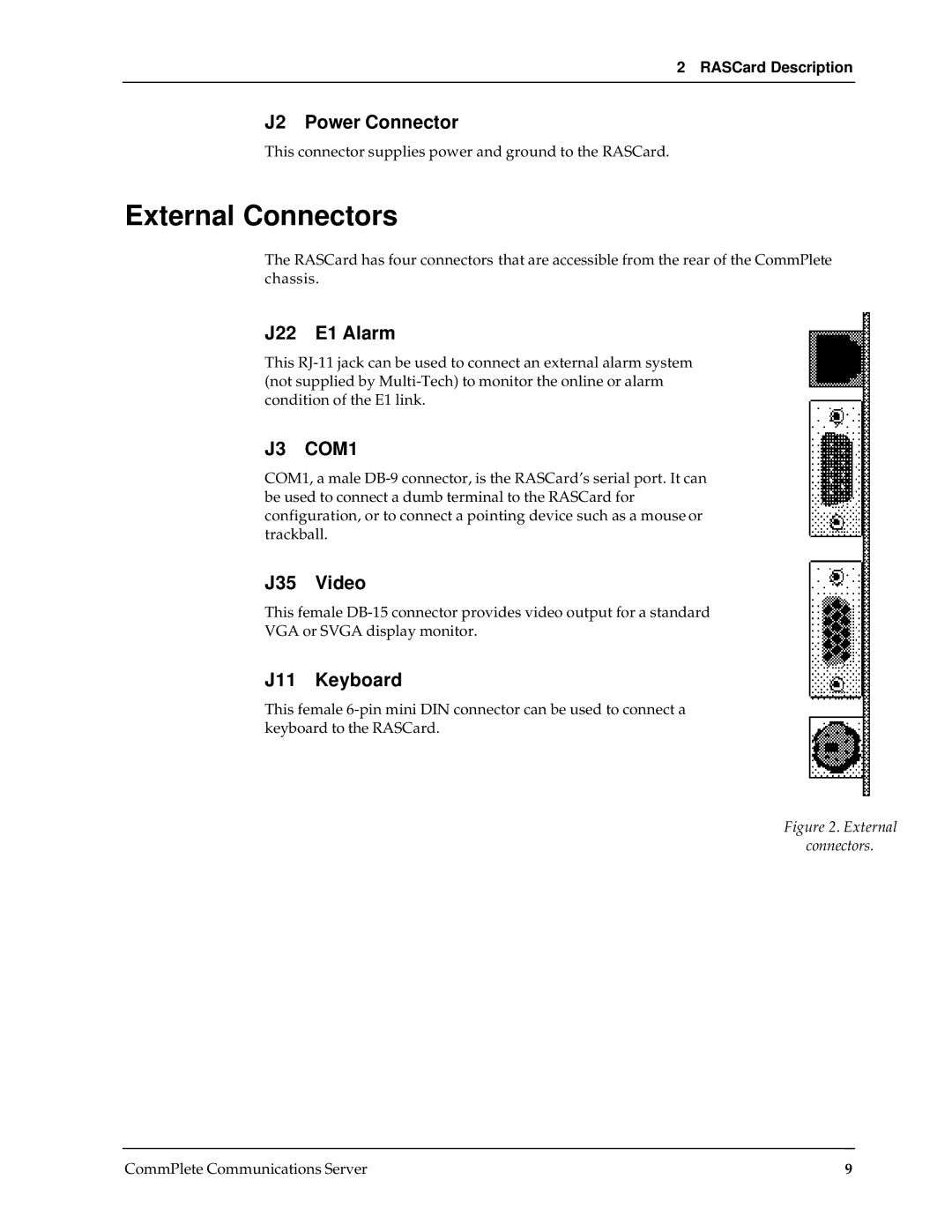 Multi-Tech Systems RAS96 manual External Connectors, J2 Power Connector, J22 E1 Alarm, J35 Video, J11 Keyboard 