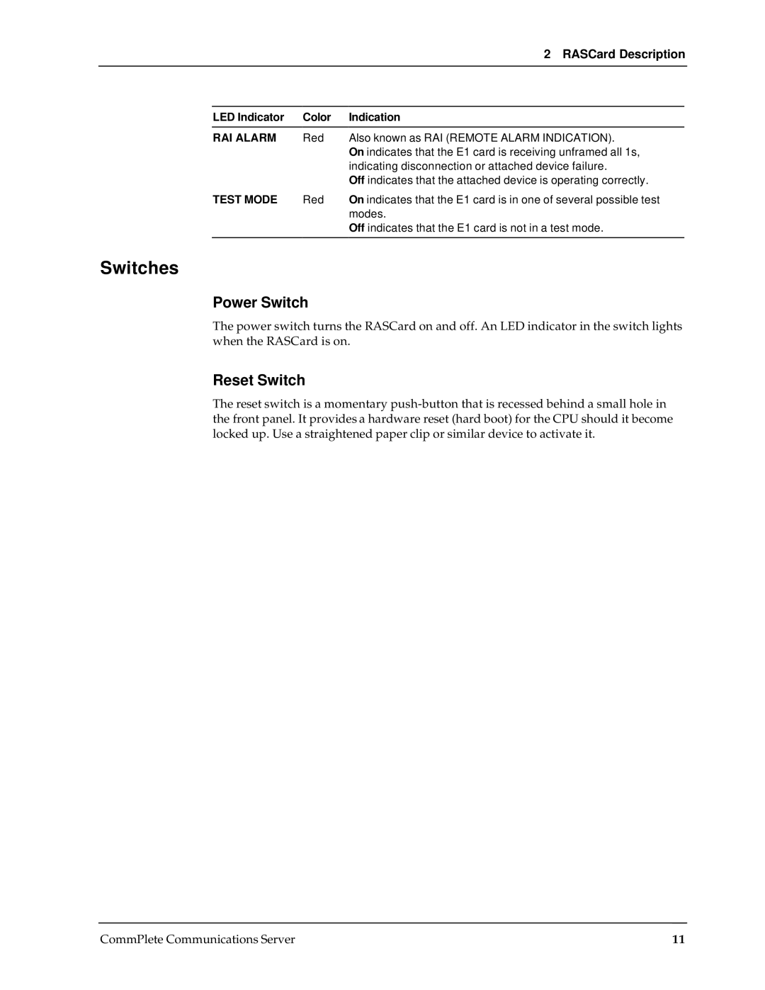 Multi-Tech Systems RAS96 manual Switches, Power Switch, Reset Switch 