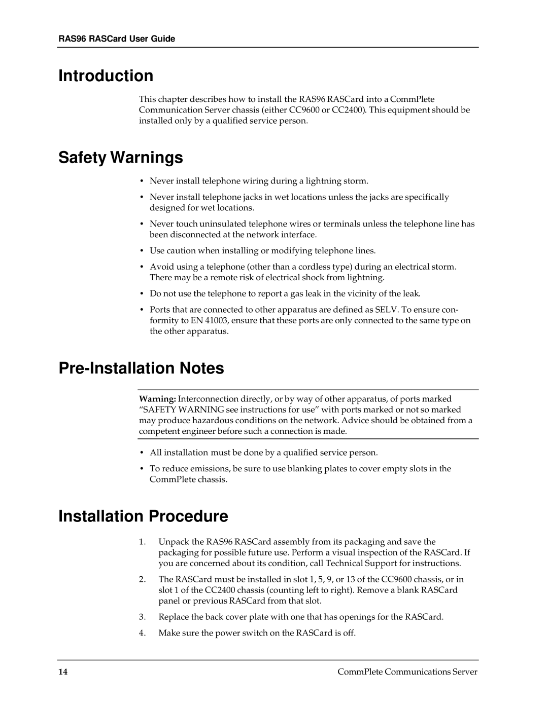 Multi-Tech Systems RAS96 manual Safety Warnings, Pre-Installation Notes, Installation Procedure 