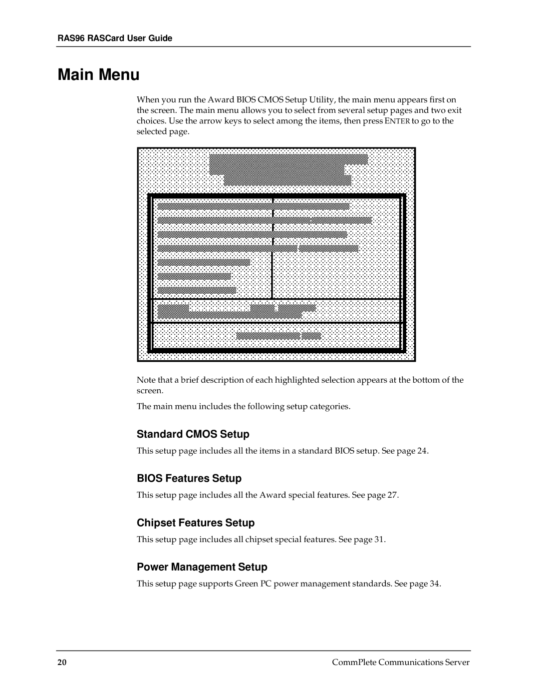 Multi-Tech Systems RAS96 manual Main Menu, Standard Cmos Setup, Bios Features Setup, Chipset Features Setup 