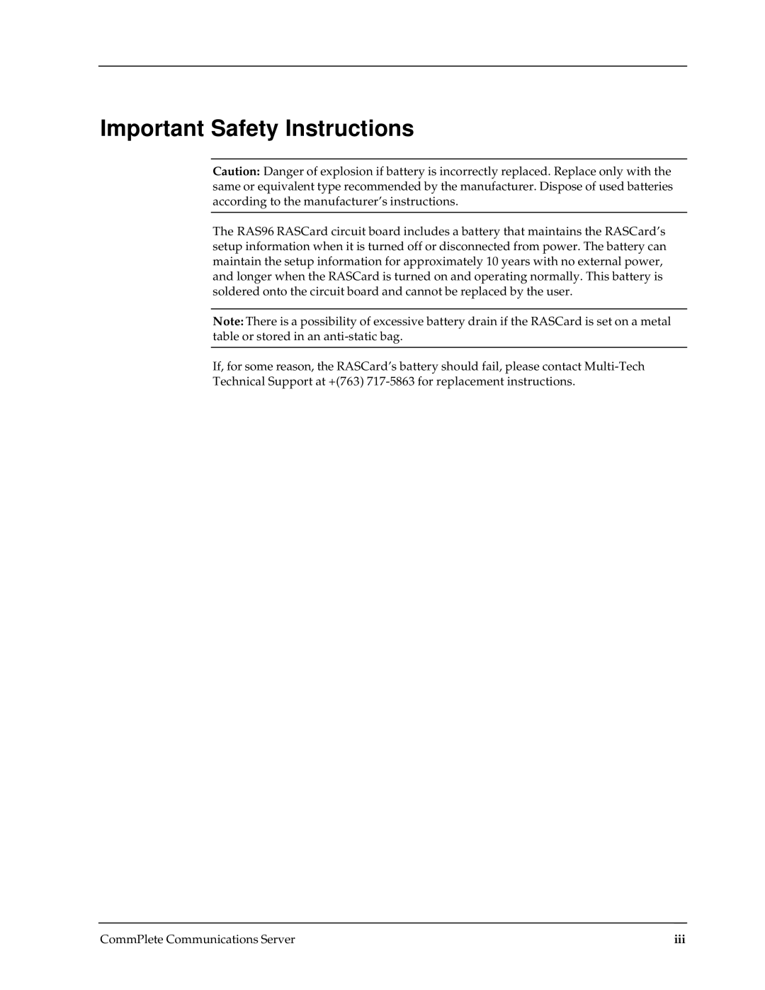 Multi-Tech Systems RAS96 manual Important Safety Instructions, Iii 