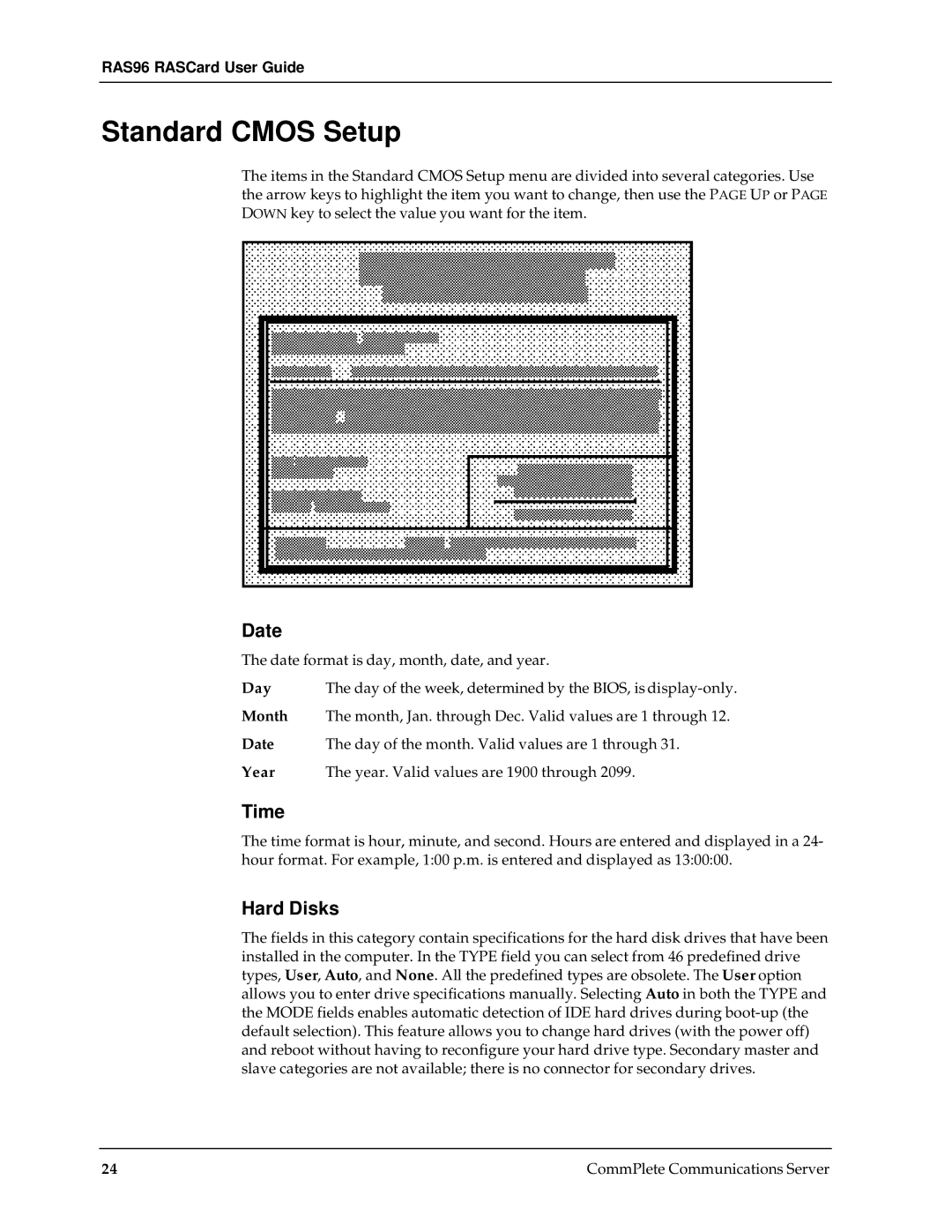 Multi-Tech Systems RAS96 manual Standard Cmos Setup, Date, Time, Hard Disks 