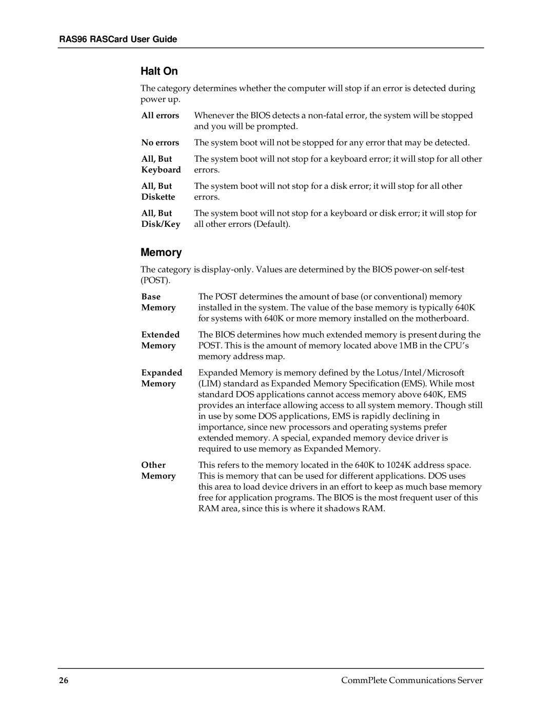 Multi-Tech Systems RAS96 manual Halt On, Memory 