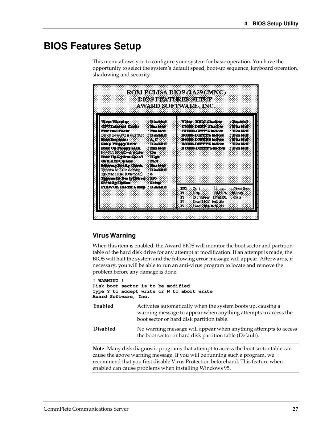 Multi-Tech Systems RAS96 manual Bios Features Setup, Virus Warning, Enabled, Disabled 