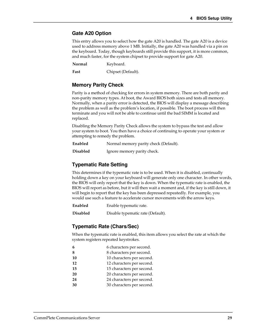 Multi-Tech Systems RAS96 manual Gate A20 Option, Memory Parity Check, Typematic Rate Setting, Typematic Rate Chars/Sec 