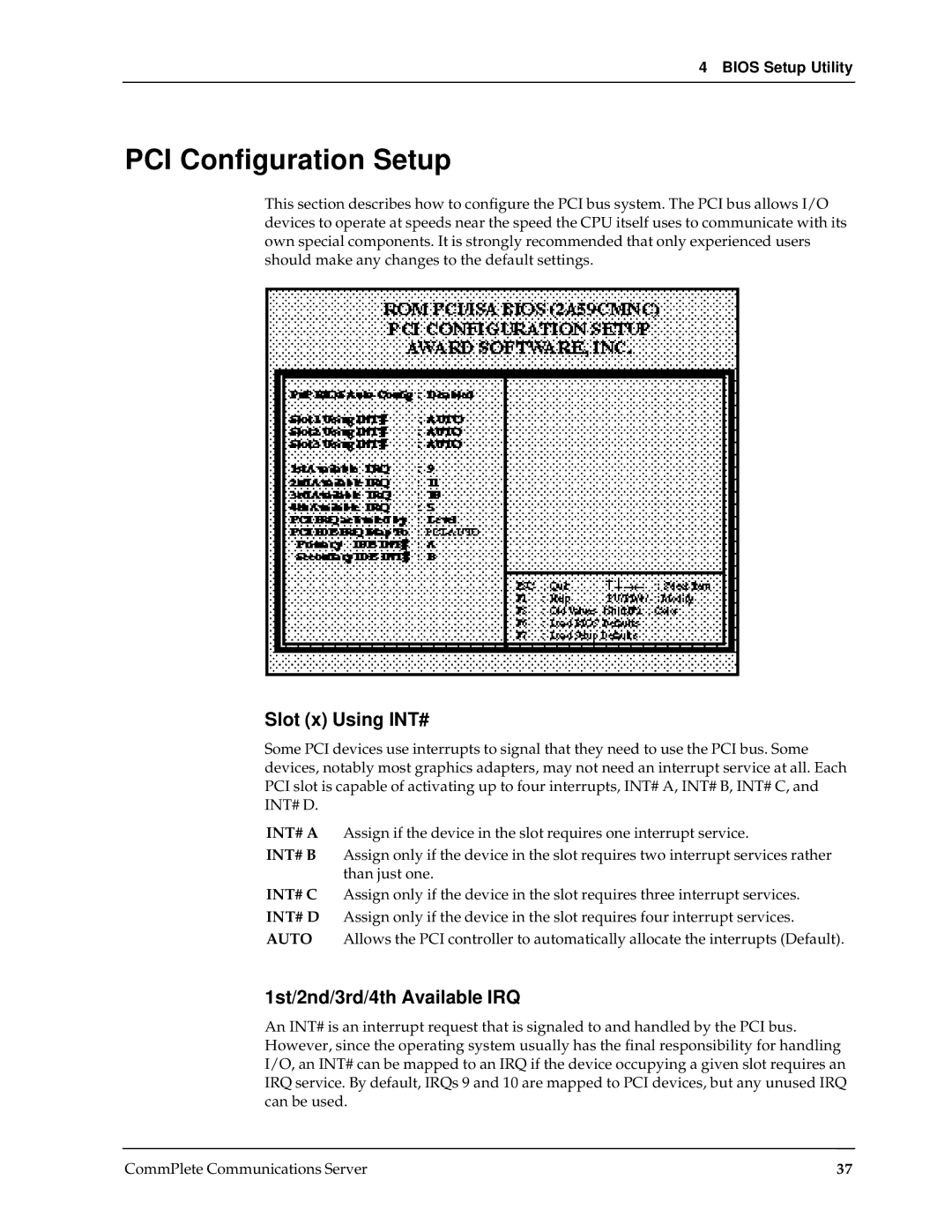 Multi-Tech Systems RAS96 manual PCI Configuration Setup, Slot x Using INT#, 1st/2nd/3rd/4th Available IRQ 