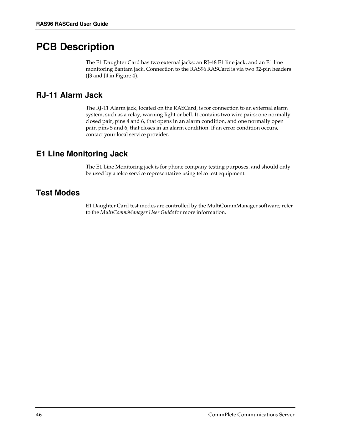 Multi-Tech Systems RAS96 manual PCB Description, RJ-11 Alarm Jack, E1 Line Monitoring Jack, Test Modes 