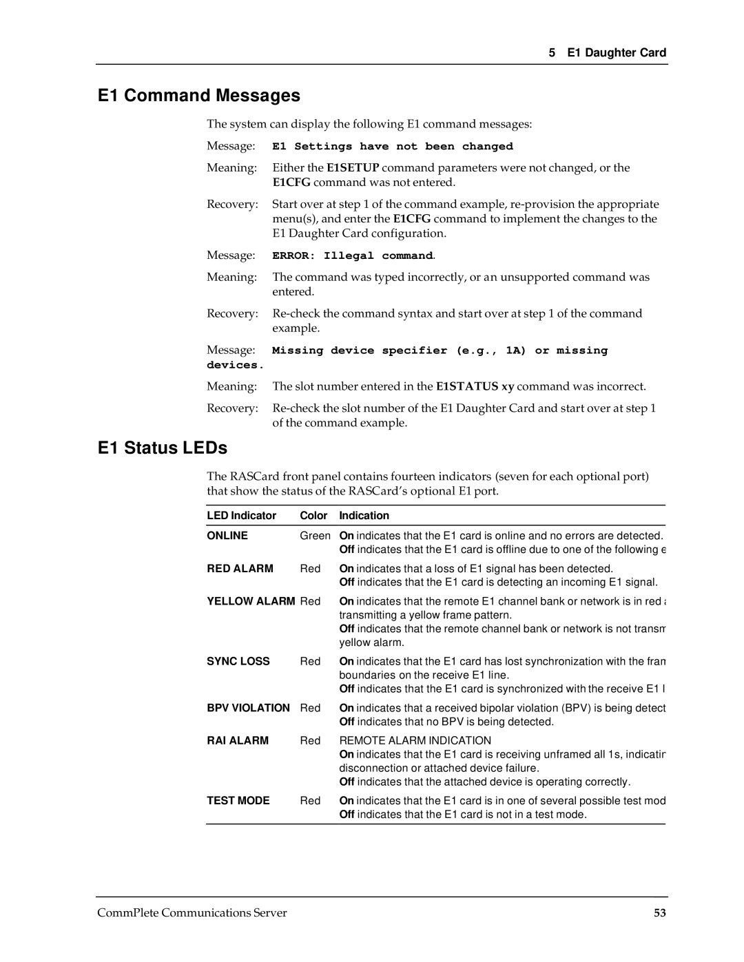 Multi-Tech Systems RAS96 manual E1 Command Messages, E1 Status LEDs 