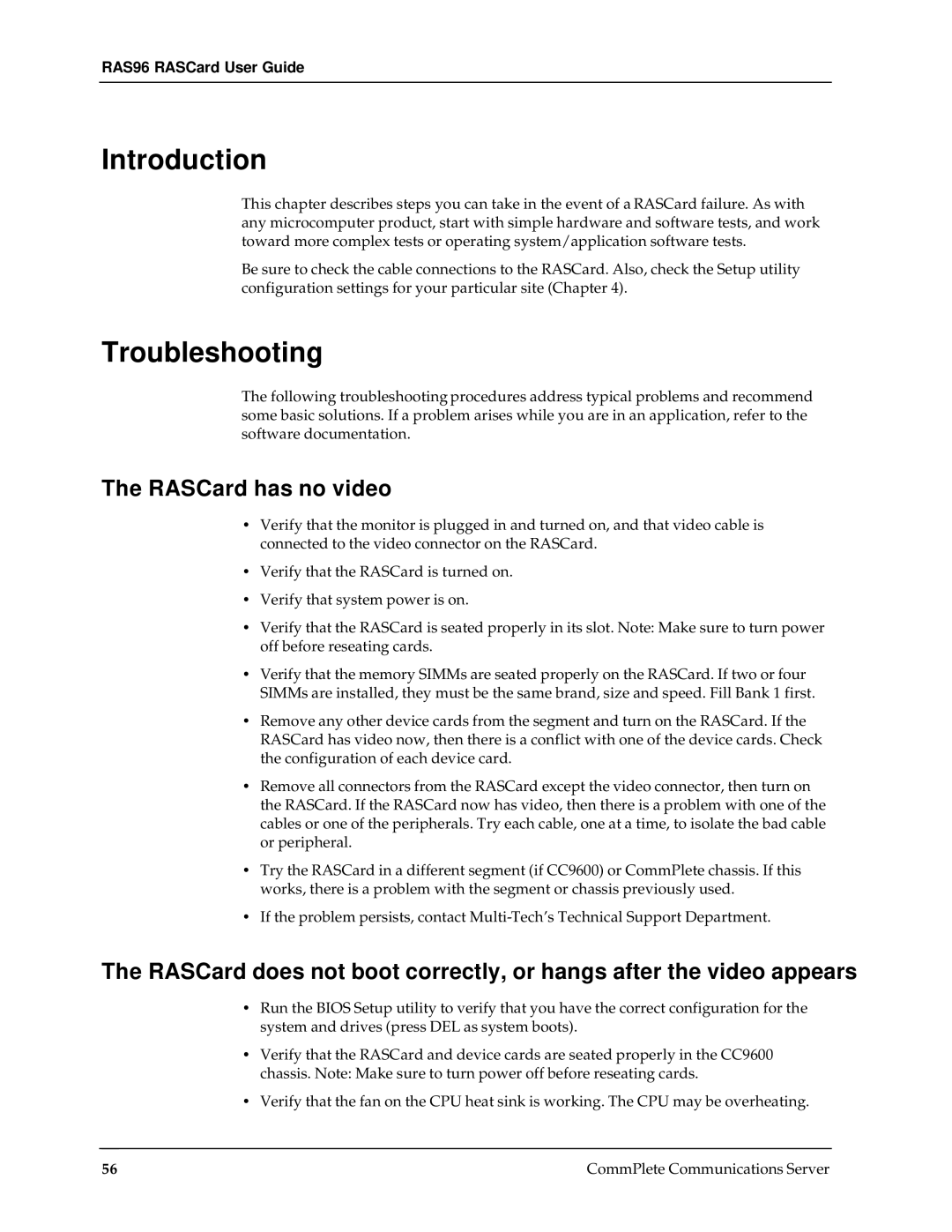 Multi-Tech Systems RAS96 manual Troubleshooting, RASCard has no video 