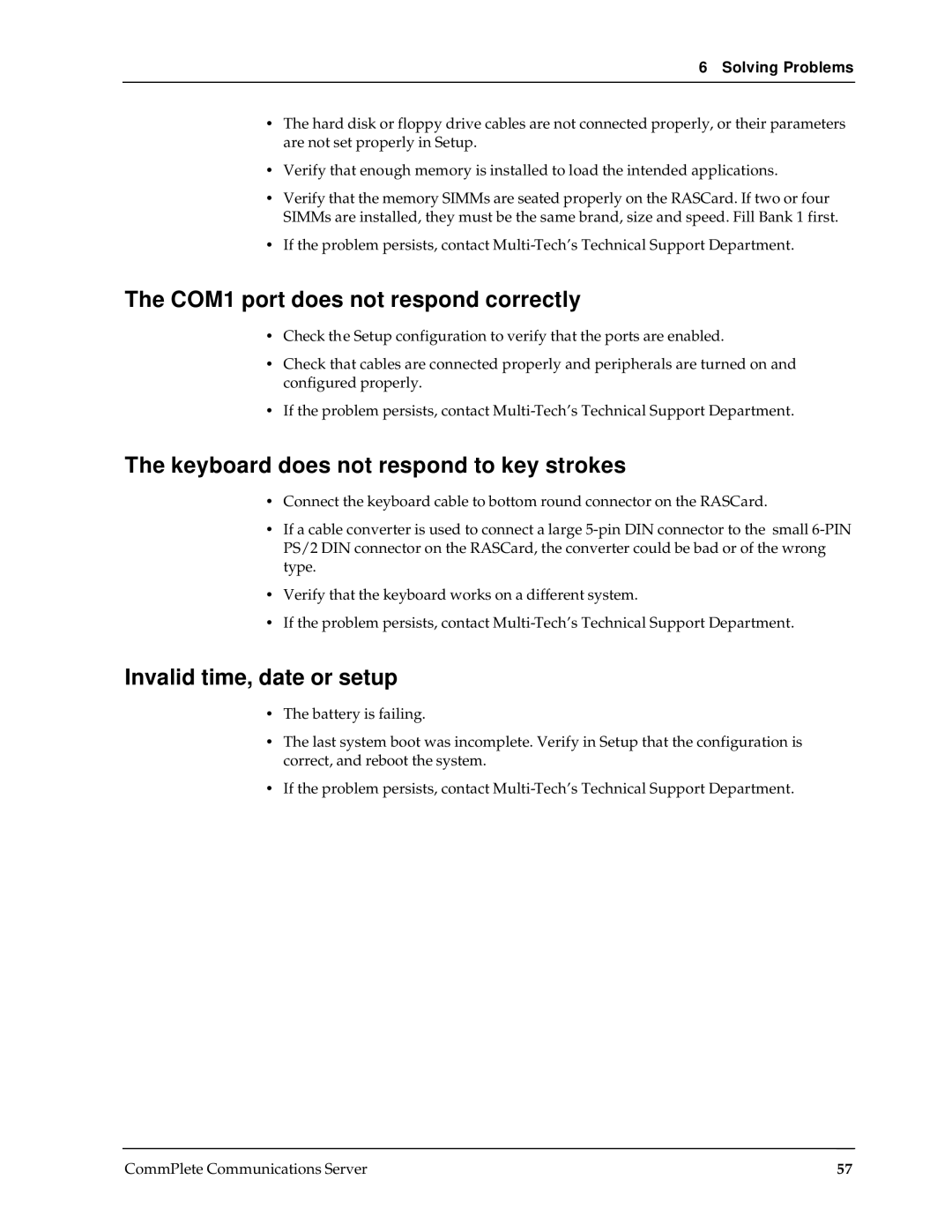 Multi-Tech Systems RAS96 manual COM1 port does not respond correctly, Keyboard does not respond to key strokes 