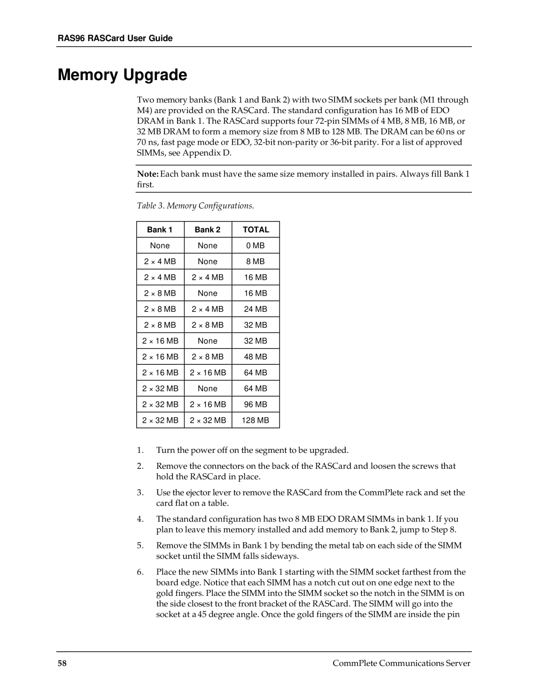 Multi-Tech Systems RAS96 manual Memory Upgrade 