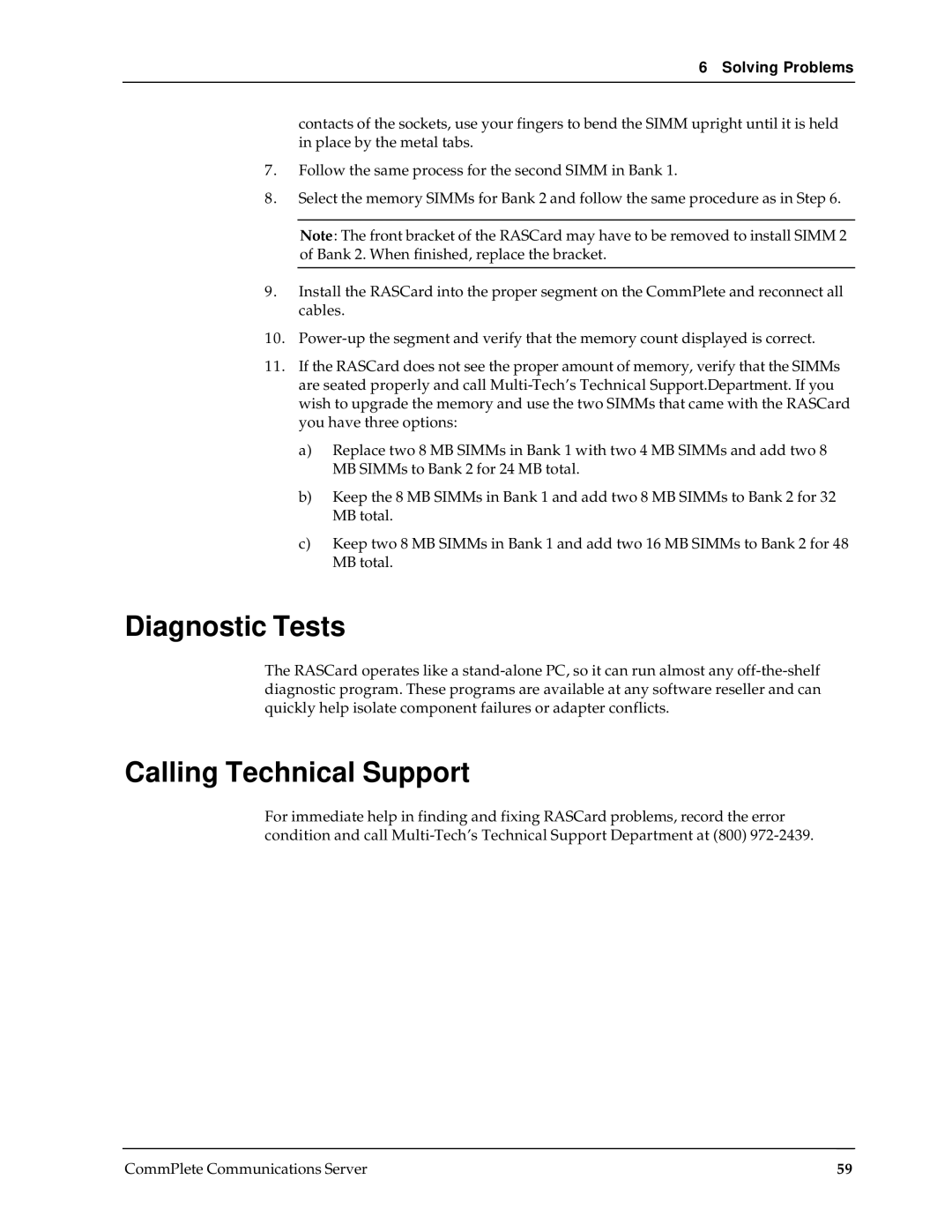 Multi-Tech Systems RAS96 manual Diagnostic Tests, Calling Technical Support 