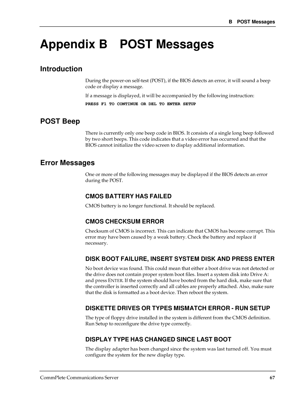 Multi-Tech Systems RAS96 manual Appendix B Post Messages, Post Beep, Error Messages 