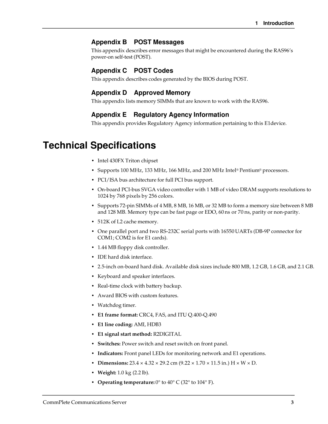 Multi-Tech Systems RAS96 manual Technical Specifications, Appendix B Post Messages, Appendix C Post Codes 