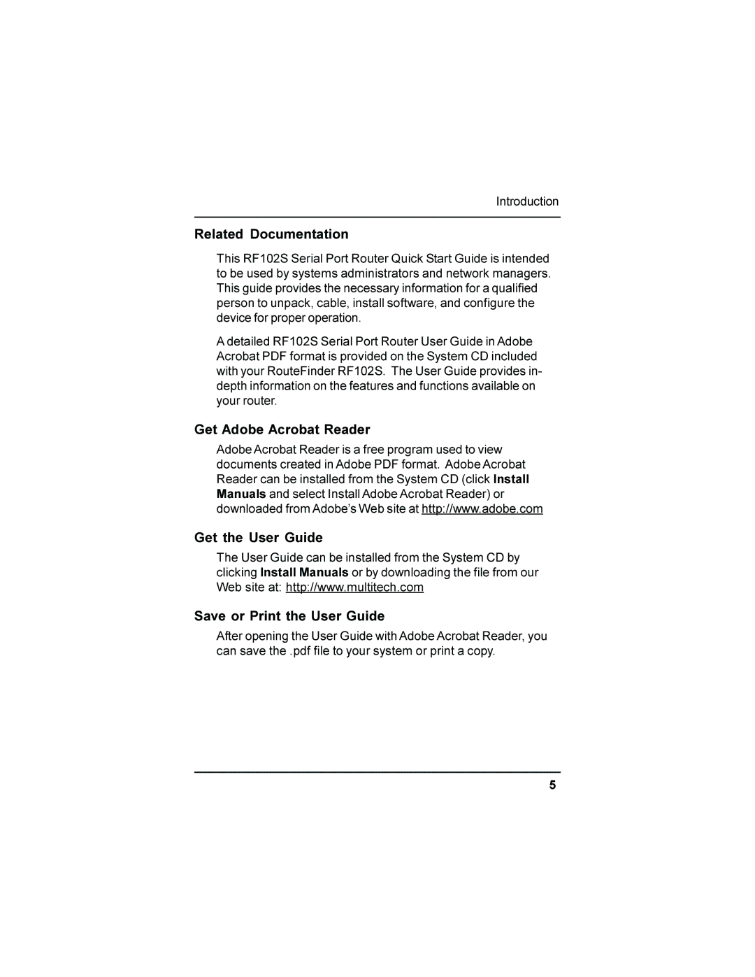 Multi-Tech Systems RF102S quick start Related Documentation 