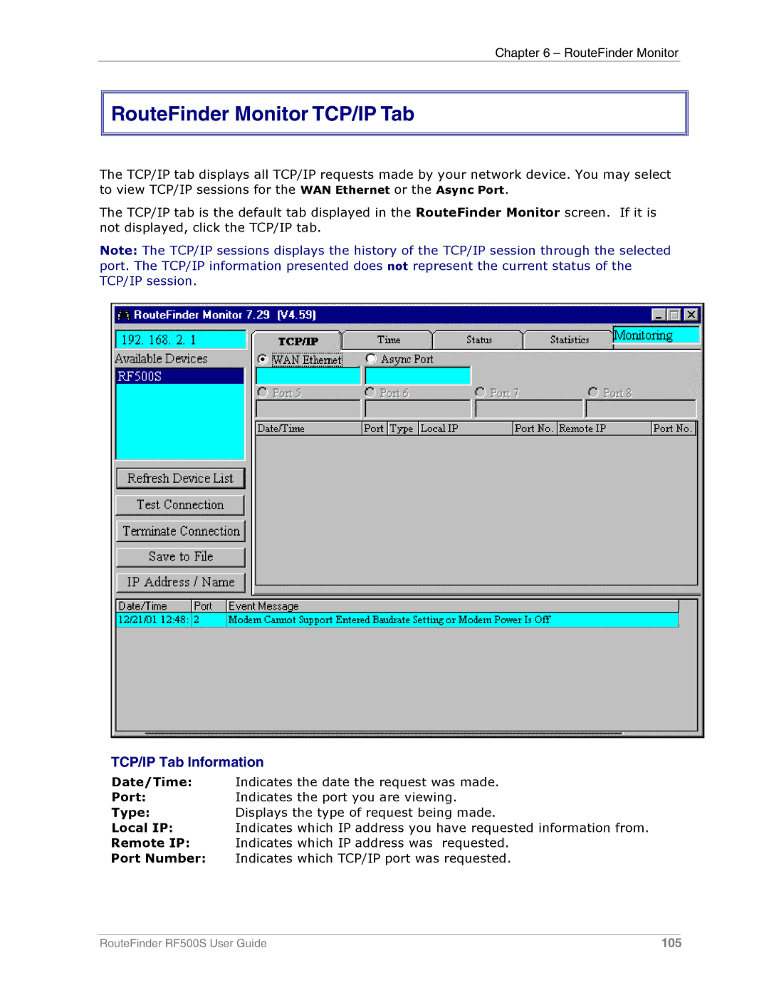 Multi-Tech Systems RF500S manual RouteFinder Monitor TCP/IP Tab, TCP/IP Tab Information 