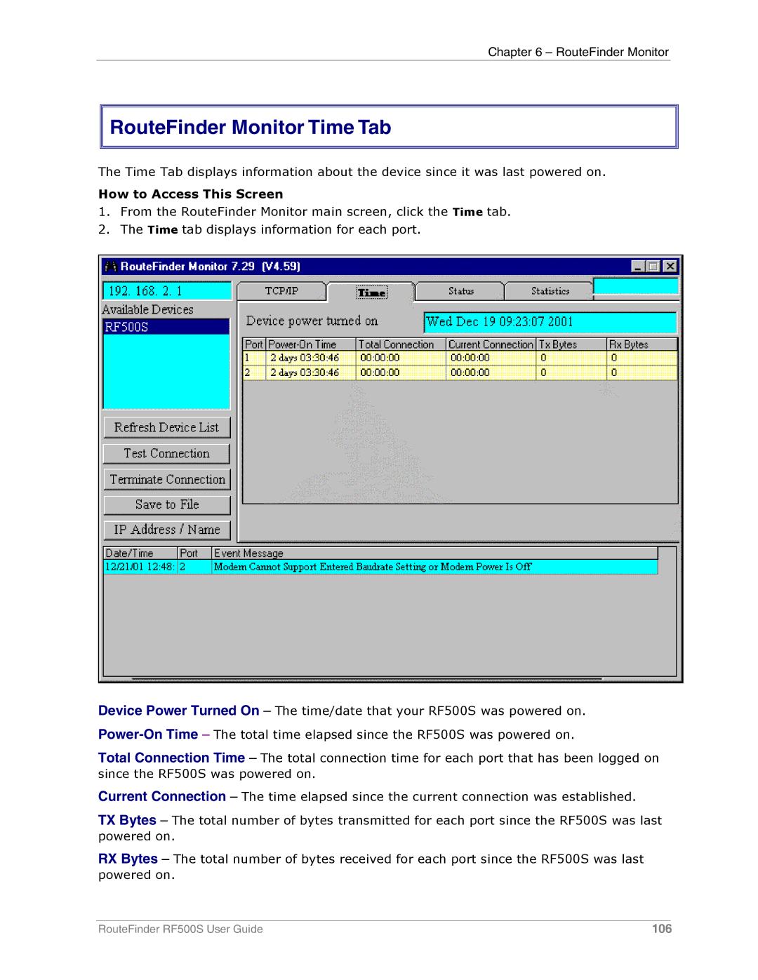 Multi-Tech Systems RF500S manual RouteFinder Monitor Time Tab 