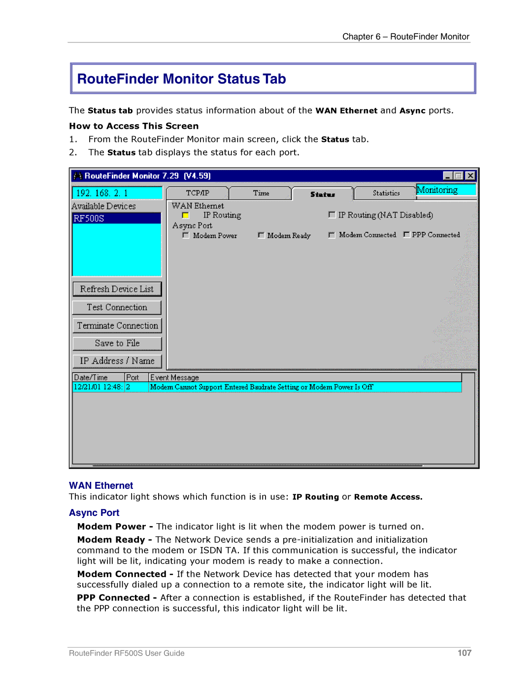 Multi-Tech Systems RF500S manual RouteFinder Monitor Status Tab, WAN Ethernet, Async Port 