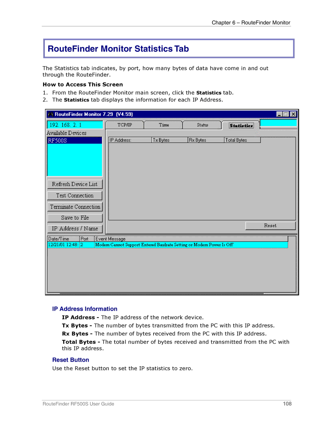 Multi-Tech Systems RF500S manual RouteFinder Monitor Statistics Tab, IP Address Information, Reset Button 