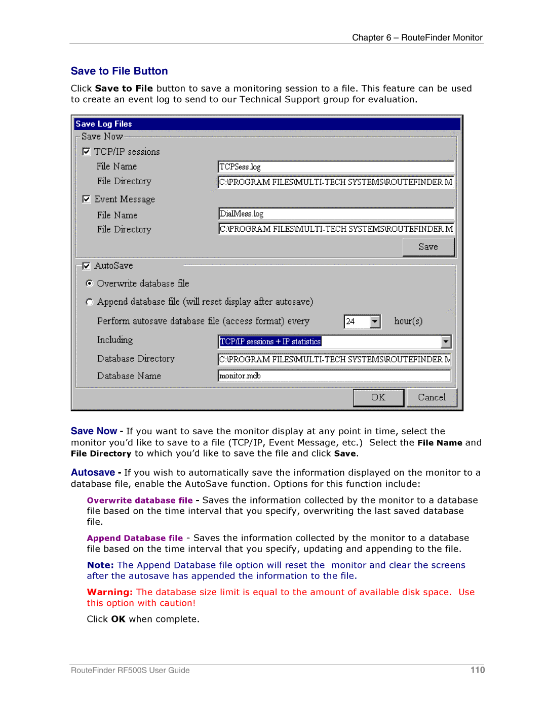 Multi-Tech Systems RF500S manual Save to File Button 