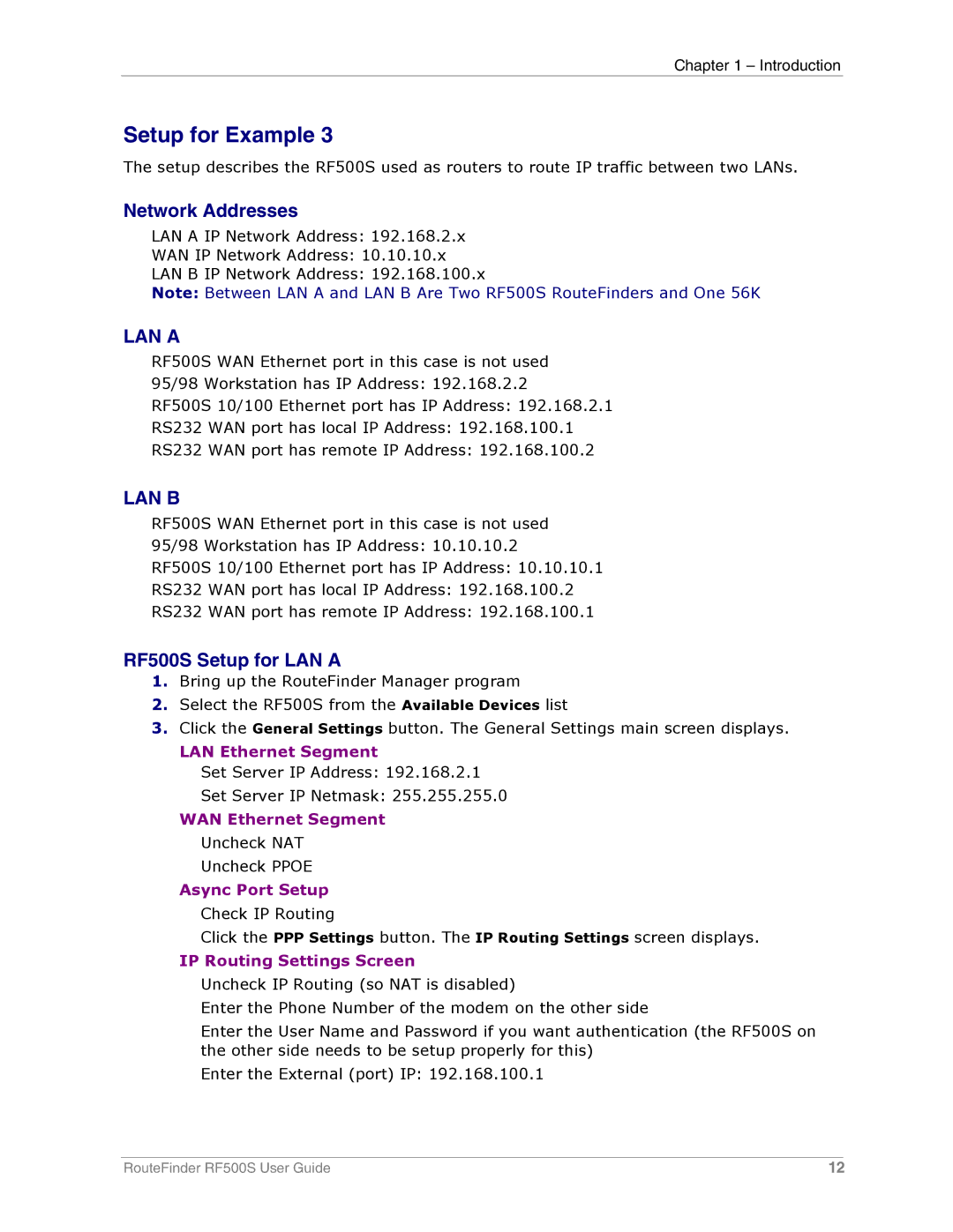 Multi-Tech Systems manual Network Addresses, RF500S Setup for LAN a 