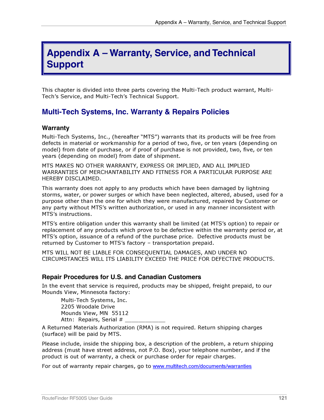 Multi-Tech Systems RF500S manual Appendix a Warranty, Service, and Technical Support 