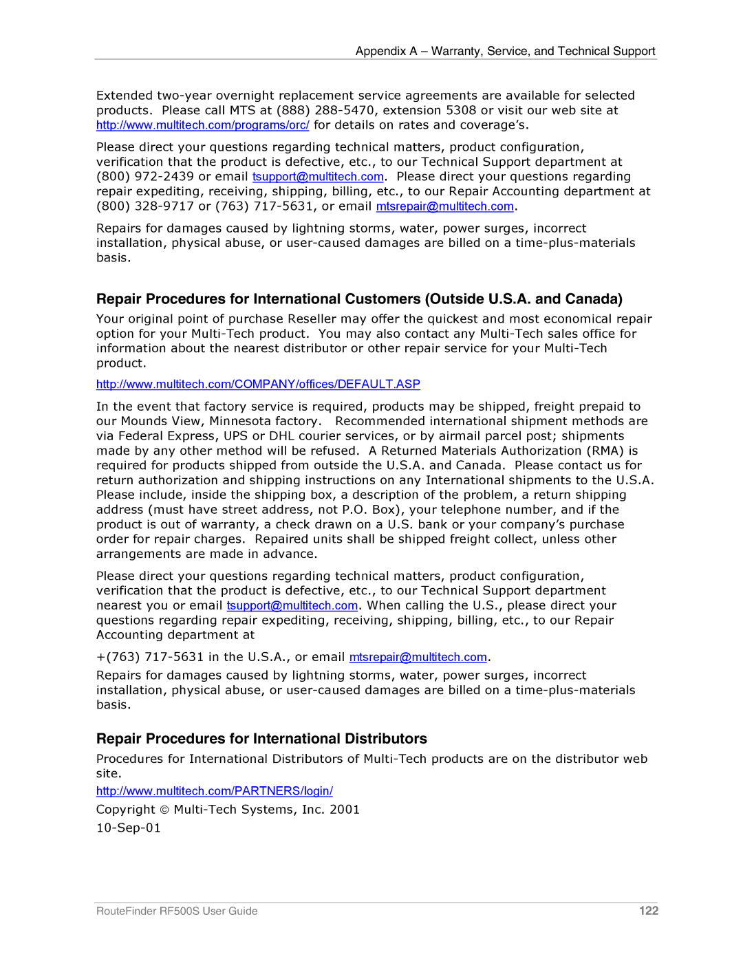 Multi-Tech Systems RF500S manual Repair Procedures for International Distributors 