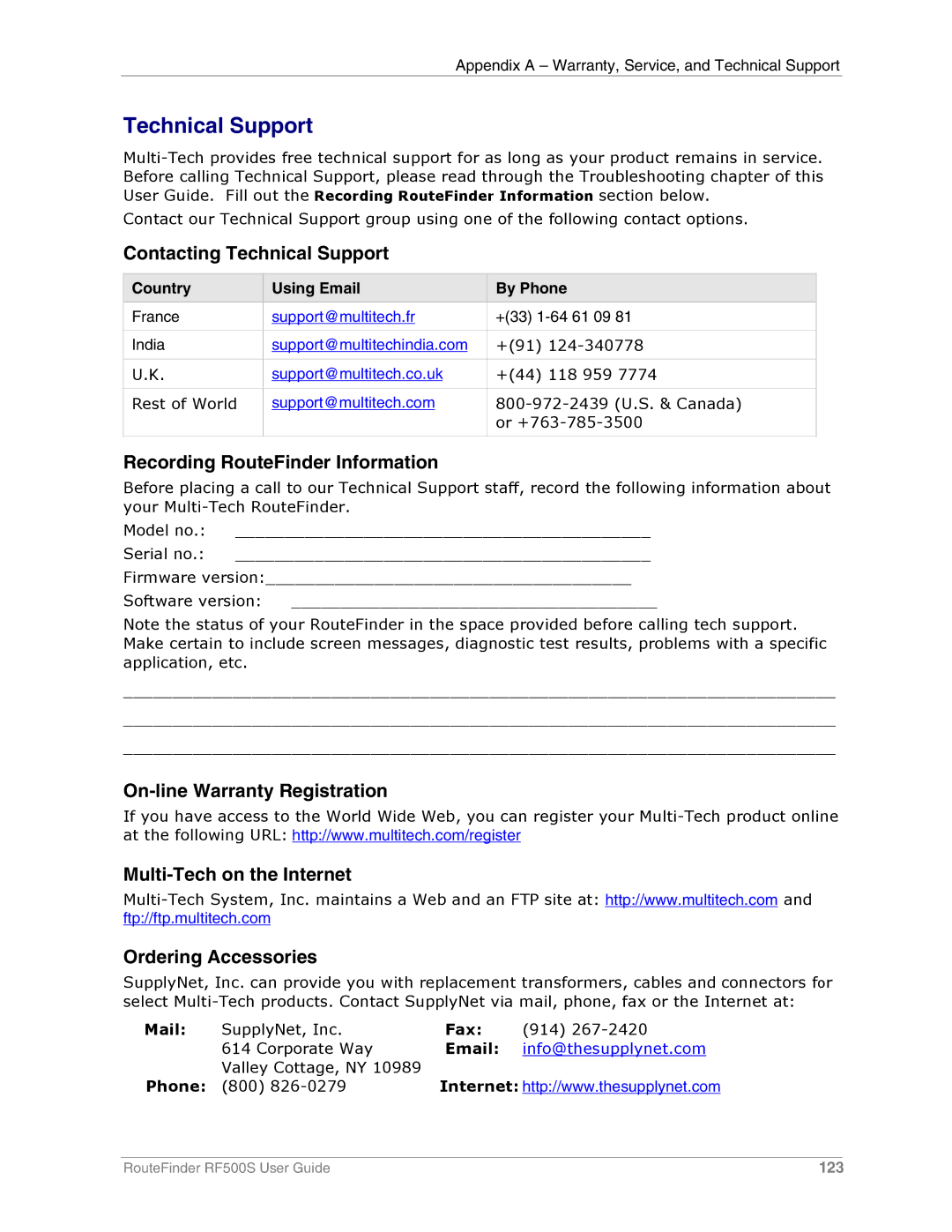 Multi-Tech Systems RF500S manual Technical Support, Country Using Email By Phone 