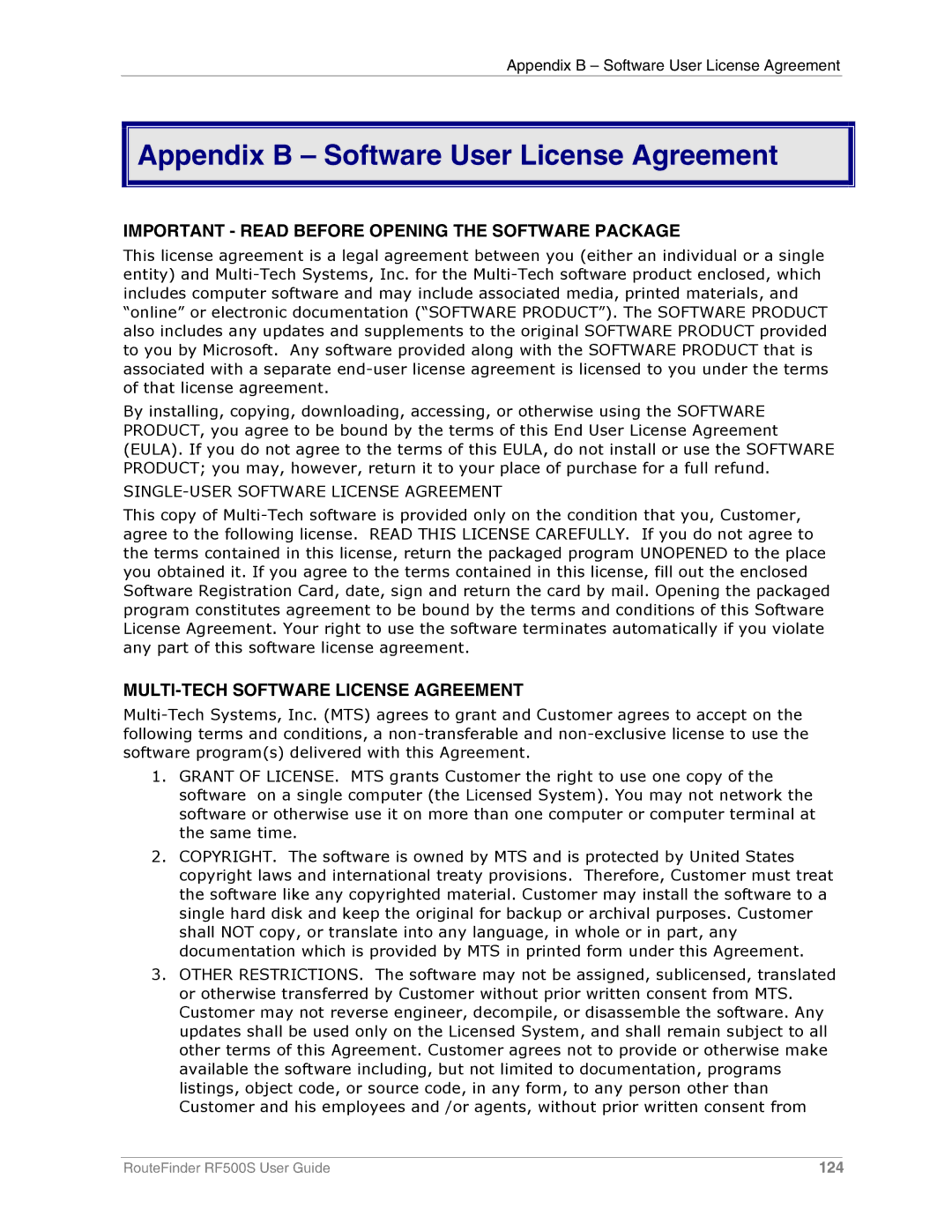 Multi-Tech Systems RF500S Appendix B Software User License Agreement, Important Read Before Opening the Software Package 