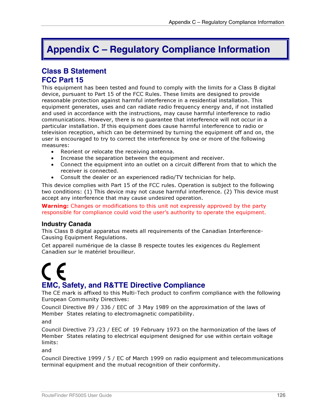 Multi-Tech Systems RF500S manual Appendix C Regulatory Compliance Information, Class B Statement FCC Part 