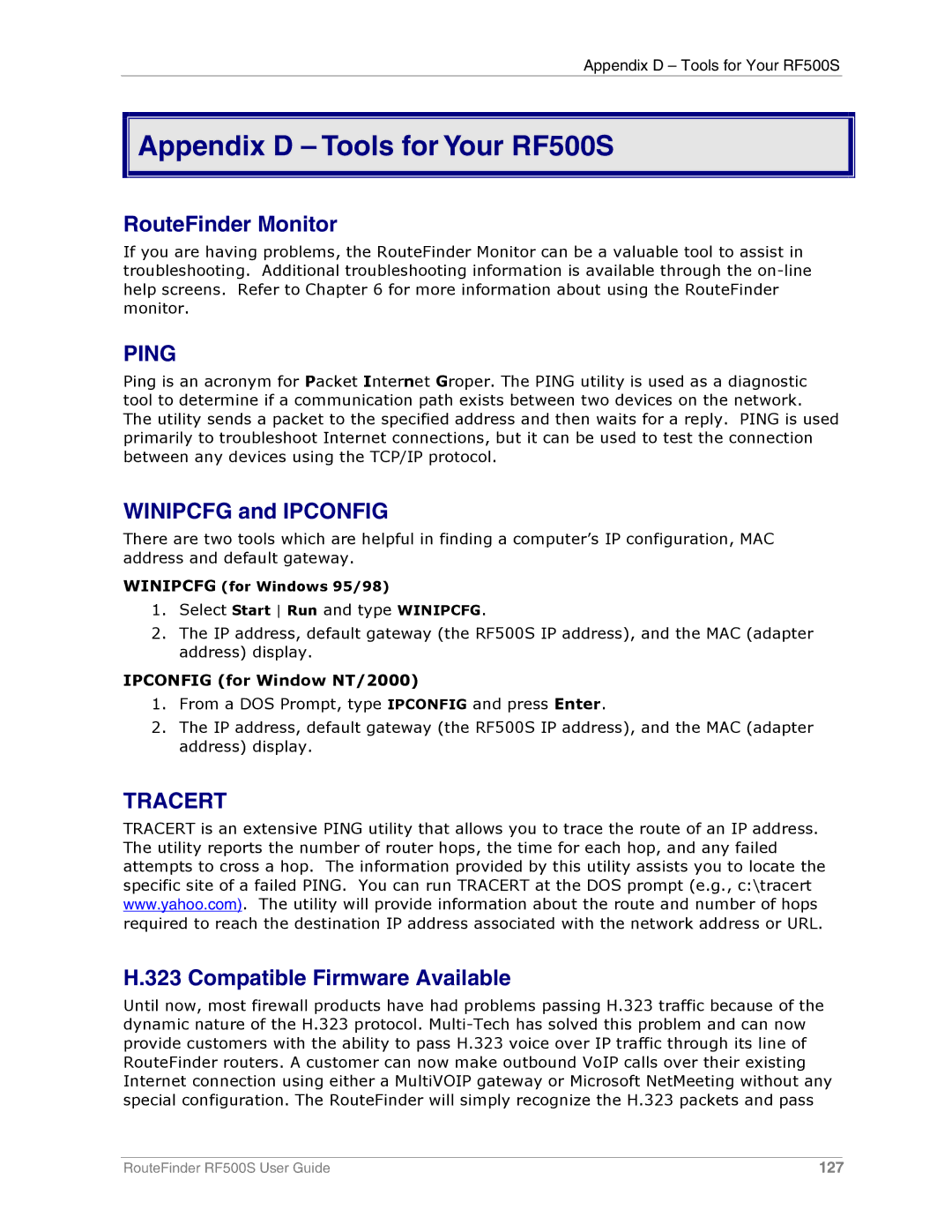 Multi-Tech Systems manual Appendix D Tools for Your RF500S, RouteFinder Monitor 