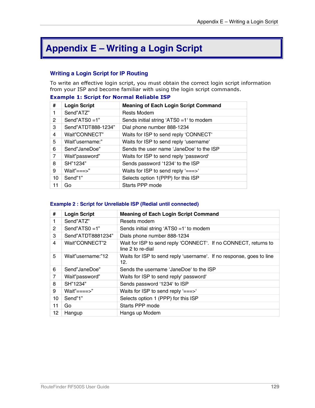 Multi-Tech Systems RF500S manual Appendix E Writing a Login Script, Writing a Login Script for IP Routing 