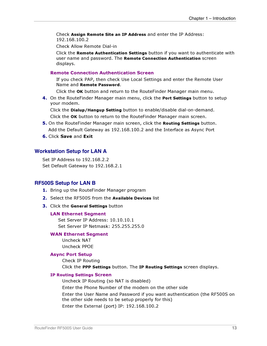 Multi-Tech Systems manual Workstation Setup for LAN a, RF500S Setup for LAN B 