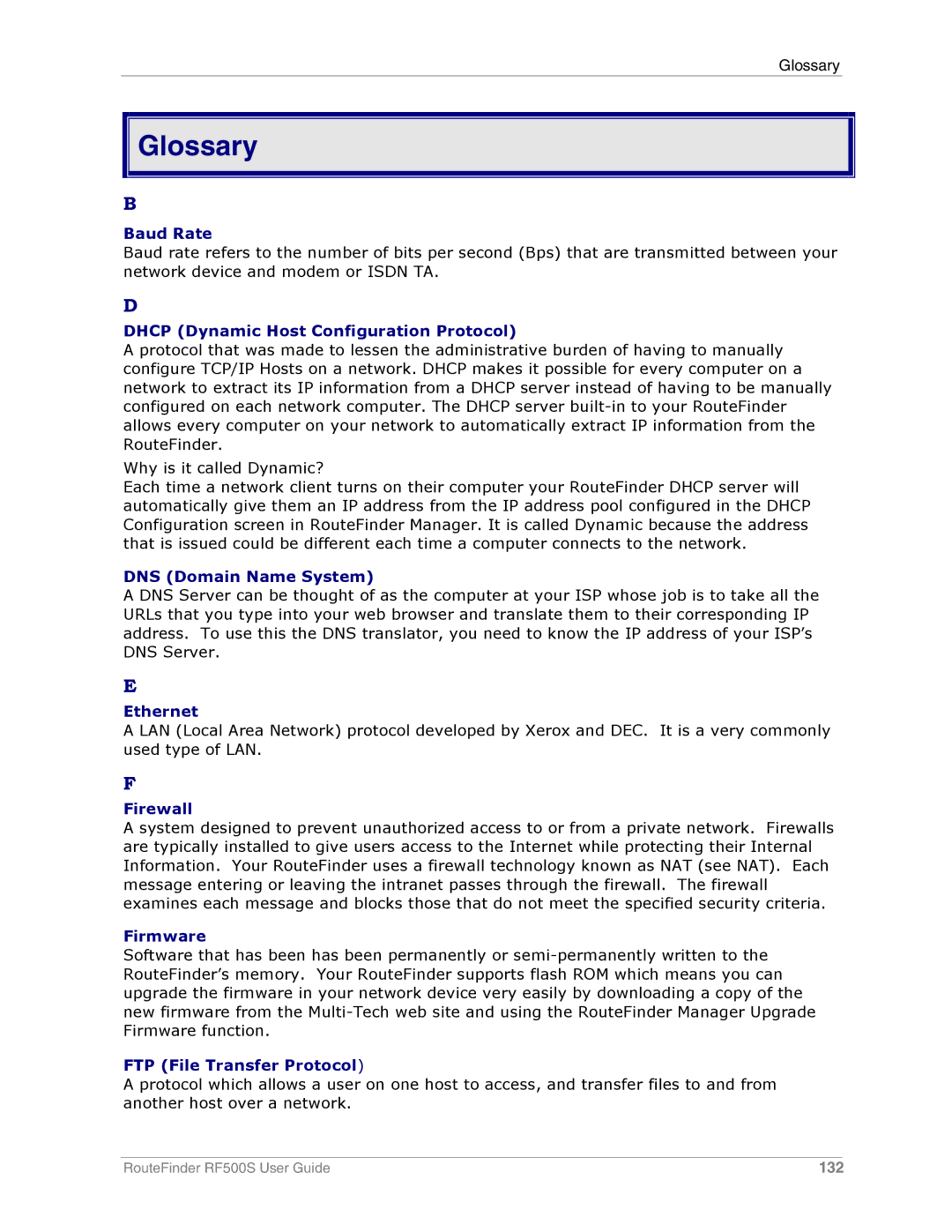 Multi-Tech Systems RF500S manual Glossary, Baud Rate 