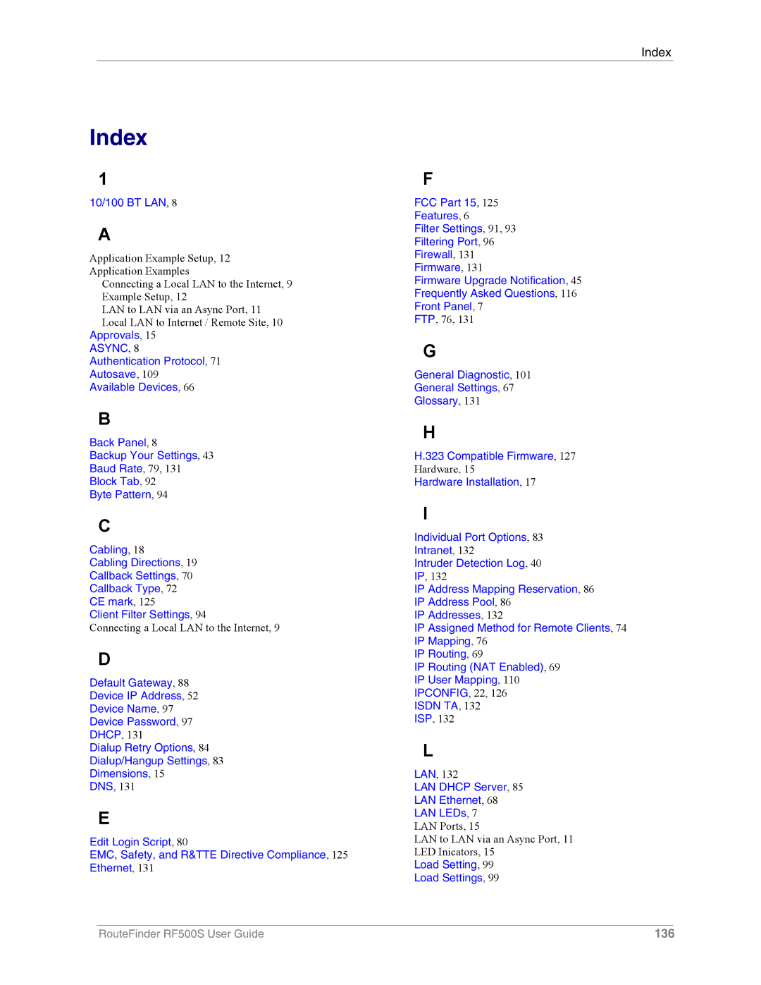 Multi-Tech Systems RF500S manual Index, 10/100 BT LAN 