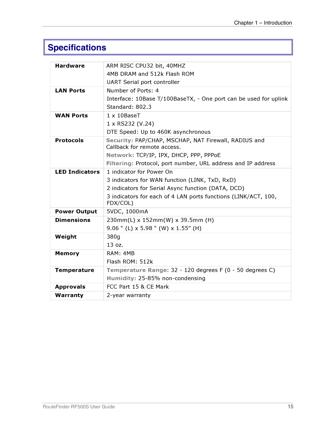 Multi-Tech Systems RF500S manual Specifications, Protocols 