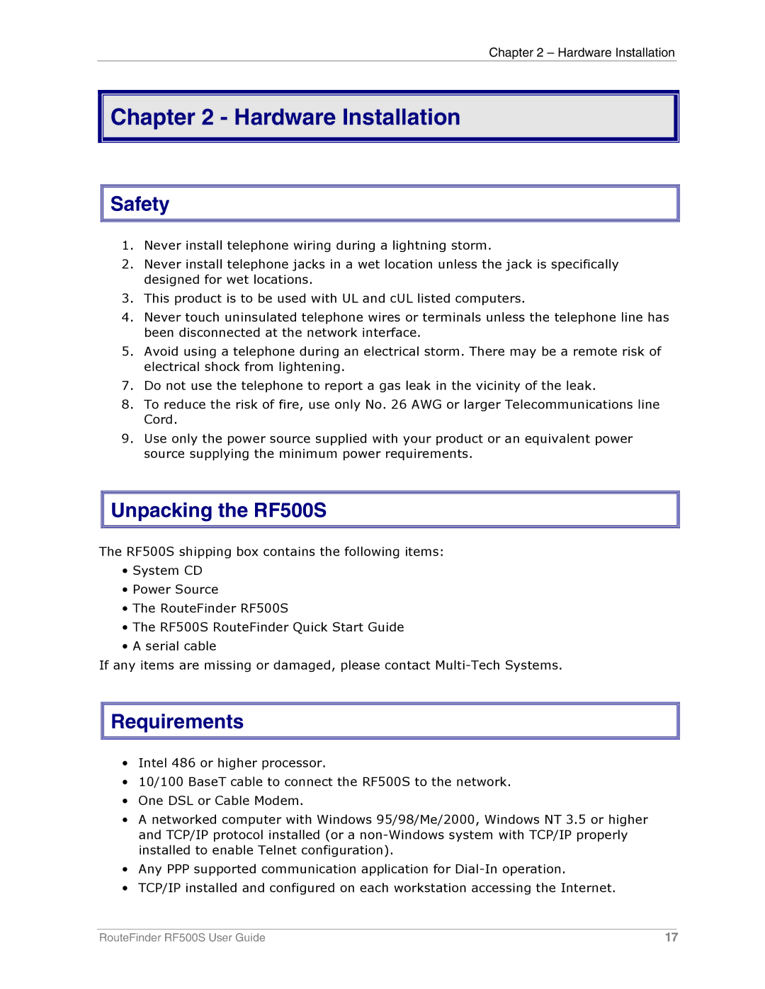 Multi-Tech Systems manual Hardware Installation, Safety, Unpacking the RF500S, Requirements 