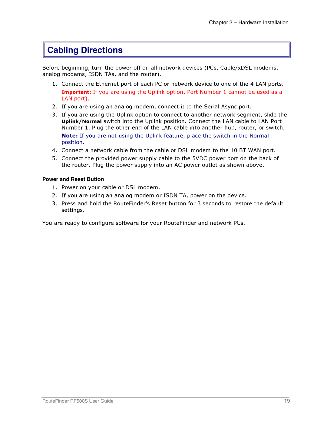 Multi-Tech Systems RF500S manual Cabling Directions, Power and Reset Button 